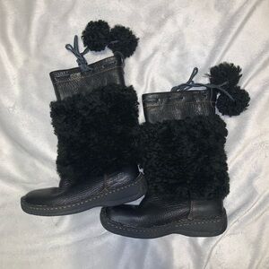 Born leather Cozy Black shearling tall Boots with Pom Poms size 13